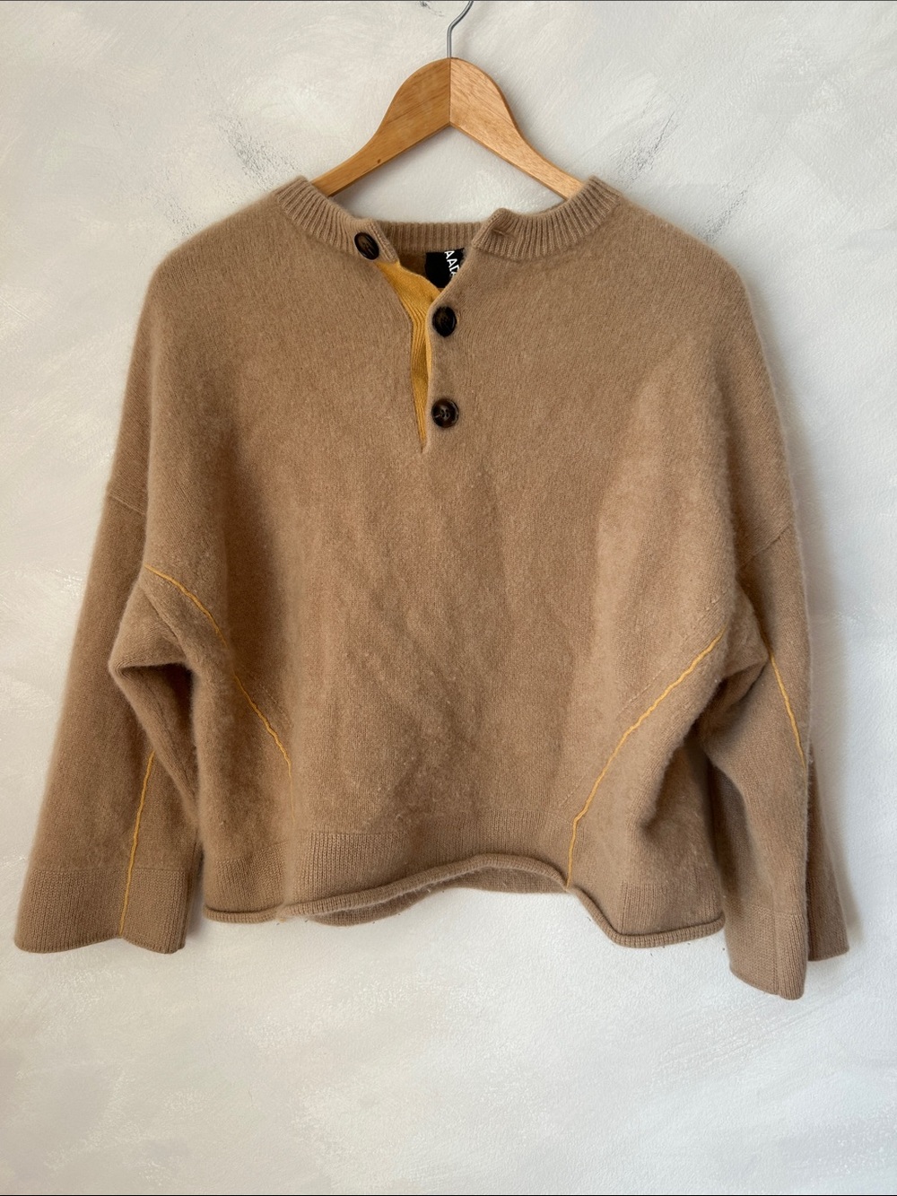 Nadaam 100% Cashmere Henley sweater cropped 3/4 sleeve brown button down
